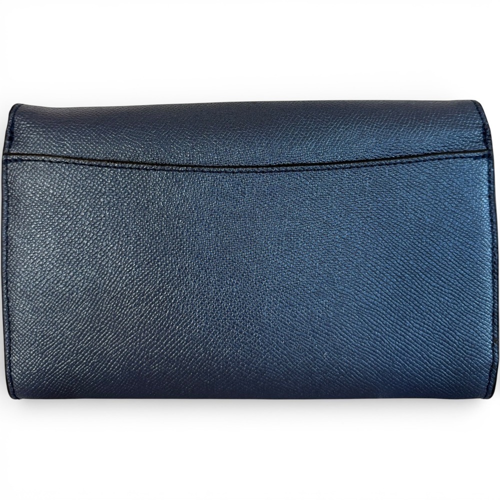 Coach Bear Chain Crossbody Metallic Navy Leather Shearling Eyes Clutch Wristlet - Picture 5 of 14